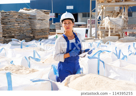 Asian female checking quality of building mix 114395255
