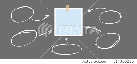 Blue paper note glued on adhesive tape and hand drawn arrows and circles. Mood board, process flow and diagram chart template for mockup, poster design, banner, flyer, brochure. Vector illustration 114396230