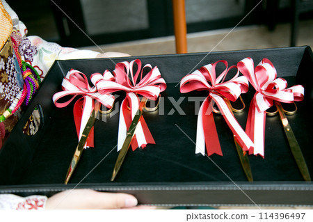 Opening ribbon cutting ceremony with scissors Opening ribbon cutting ceremony with scissors 114396497