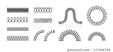 Spiral spring set. Black metal wire coil spring collection. Thin wire frames, zigzag lines, metal waves, flexible coils and arch element pack for graphic design templates, decor, border. Vector bundle Spiral spring set. Black metal wire coil spring collection. Thin wire frames, zigzag lines, metal waves, flexible coils and arch element pack for graphic design templates, decor, border. Vector bundle 114396744