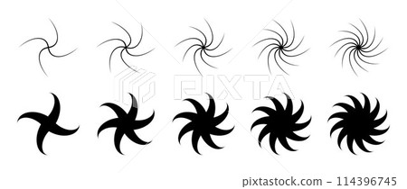 Different twist or swirl element set. Black twirling and rotating effect collection. Circular radial revolving whirlwind symbols bundle for graphic design. Tornado or whirlpool rotation pack. Vector Different twist or swirl element set. Black twirling and rotating effect collection. Circular radial revolving whirlwind symbols bundle for graphic design. Tornado or whirlpool rotation pack. Vector 114396745