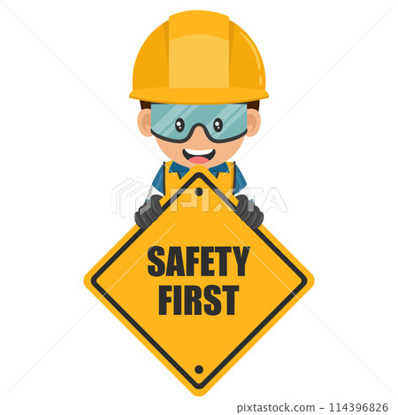 Industrial worker holding safety first sign. Engineer with his personal protective equipment. Industrial safety and occupational health at work 114396826