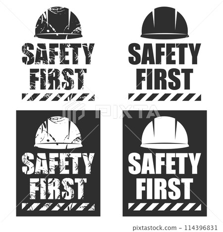 Safety first sticker and seals with distressed vintage style helmet. Warning sign and logo. Industrial safety and occupational health at work 114396831