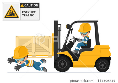 Industrial worker driving a forklift in an accident to a worker. Danger and caution sign for forklift traffic. Work accident in a warehouse. Security First. Industrial Safety and Occupational Health 114396835