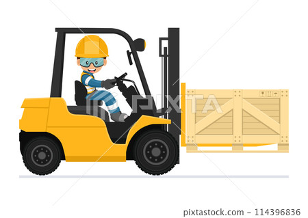 Industrial worker carefully driving a forklift. Yellow fork lift truck transporting a wooden box packaging pallet to a warehouse. Industrial storage and distribution of products. Industrial Safety 114396836
