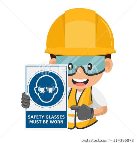 Construction industrial worker with warning sign of mandatory use of safety glasses. Safety glasses must be worn. Industrial safety and occupational health at work Construction industrial worker with warning sign of mandatory use of safety glasses. Safety glasses must be worn. Industrial safety and occupational health at work 114396878