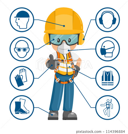 Construction industrial worker with personal protective equipment and icons, safety pictograms. Industrial safety and occupational health at work 114396884