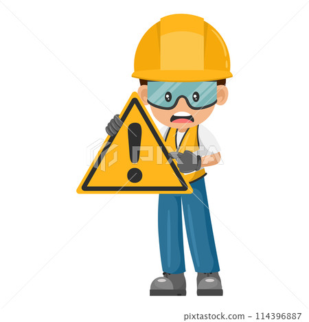 Industrial worker with danger sign warning. Caution pictogram and icon. Worker with personal protective equipment. Industrial safety and occupational health at work Industrial worker with danger sign warning. Caution pictogram and icon. Worker with personal protective equipment. Industrial safety and occupational health at work 114396887