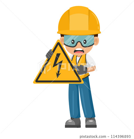 Industrial worker with electrical hazard sign warning. Caution pictogram and icon. Worker with personal protective equipment. Industrial safety and occupational health at work Industrial worker with electrical hazard sign warning. Caution pictogram and icon. Worker with personal protective equipment. Industrial safety and occupational health at work 114396893