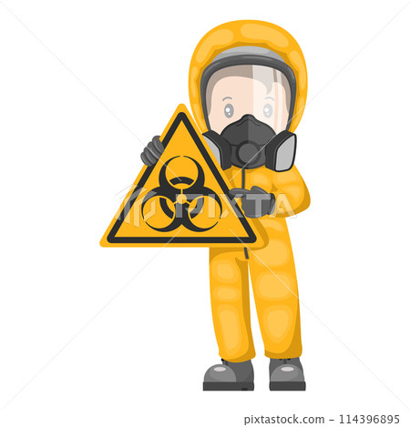 Industrial worker with biohazard sign warning. Biological hazard caution icon and pictogram. Protective suit and respirators. Industrial safety and occupational health at work Industrial worker with biohazard sign warning. Biological hazard caution icon and pictogram. Protective suit and respirators. Industrial safety and occupational health at work 114396895