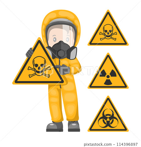 Industrial worker with sign warning of toxic, radioactive and biological material hazards. Caution pictogram and icon. Industrial safety and occupational health at work Industrial worker with sign warning of toxic, radioactive and biological material hazards. Caution pictogram and icon. Industrial safety and occupational health at work 114396897