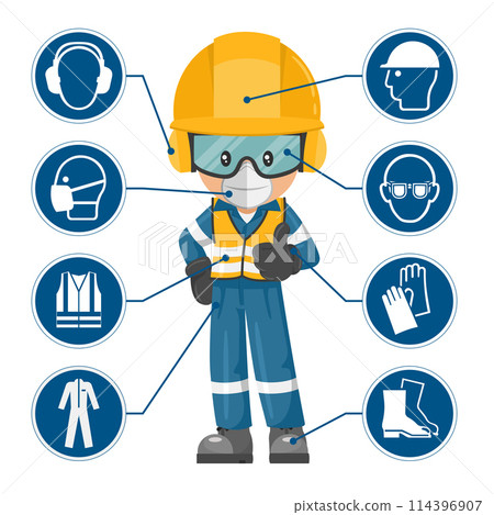 Industrial worker with personal protective equipment and icons, safety pictograms. Industrial safety and occupational health at work Industrial worker with personal protective equipment and icons, safety pictograms. Industrial safety and occupational health at work 114396907