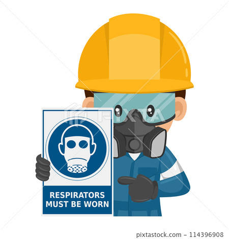 Industrial worker with a warning sign for the mandatory use of respirators. Respirators must be worn. Industrial safety and occupational health at work Industrial worker with a warning sign for the mandatory use of respirators. Respirators must be worn. Industrial safety and occupational health at work 114396908