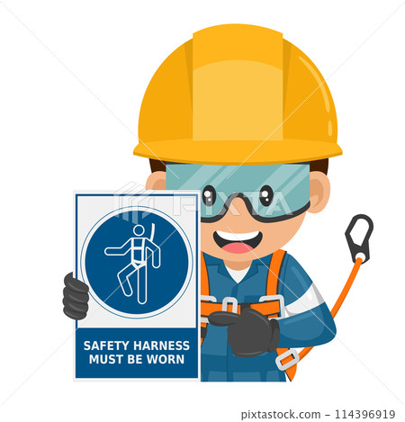 Industrial worker with safety harness mandatory use warning sign. Safety harness must be worn. Industrial safety and occupational health at work Industrial worker with safety harness mandatory use warning sign. Safety harness must be worn. Industrial safety and occupational health at work 114396919