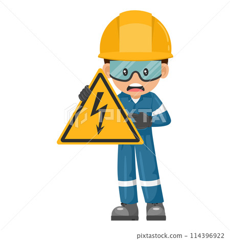 Industrial worker with electrical hazard sign warning. Caution pictogram and icon. Worker with personal protective equipment. Industrial safety and occupational health at work Industrial worker with electrical hazard sign warning. Caution pictogram and icon. Worker with personal protective equipment. Industrial safety and occupational health at work 114396922