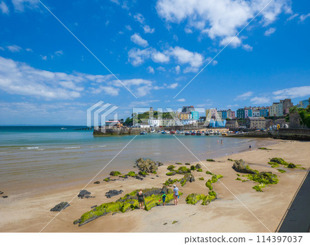 A harbour town with a low tide beach and colourful houses (Tenby, Wales, UK) 114397037