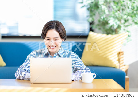 A woman operating a laptop in the living room. A woman operating a laptop in the living room. 114397803