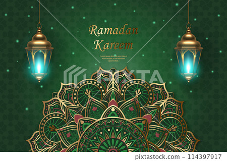 Islamic lantern and decoration pattern with elegant green starry background. suitable for Ramadan, Raya Hari, Eid al Adha Islamic holiday 114397917