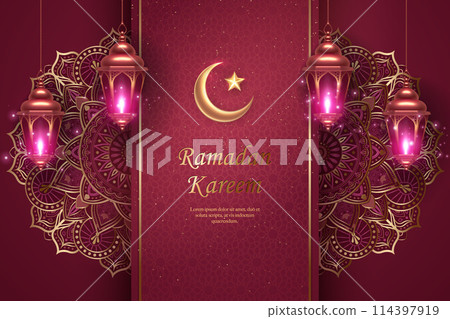 Islamic lantern and decoration pattern with elegant purple pink background. suitable for Ramadan, Raya Hari, Eid al Adha Islamic holiday Islamic lantern and decoration pattern with elegant purple pink background. suitable for Ramadan, Raya Hari, Eid al Adha Islamic holiday 114397919