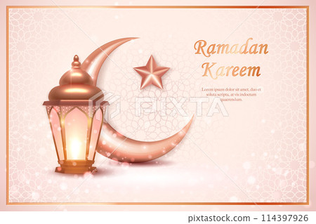 3D golden pink Islamic lantern and crescent moon star. suitable for Ramadan, Raya Hari, Eid al Adha Islamic holiday 114397926