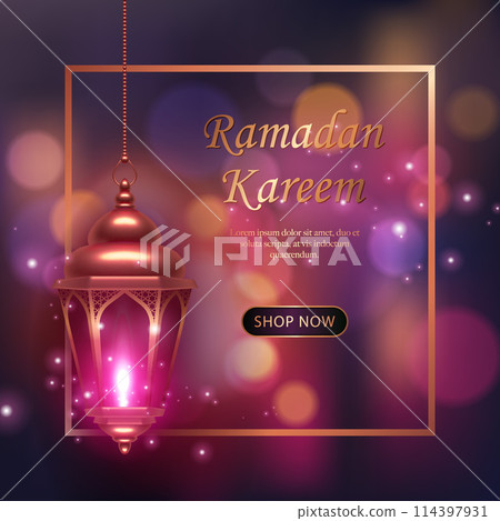3D Islamic lantern with purple pink bokeh shimmering bacground. suitable for Ramadan, Raya Hari, Eid al Adha Islamic holiday 114397931