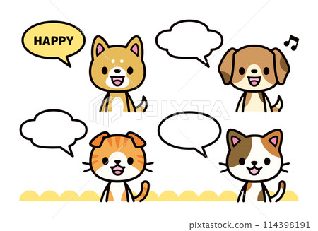 一組語音氣泡,帶有微笑和說話的狗和貓的可愛插圖 一組語音氣泡,帶有微笑和說話的狗和貓的可愛插圖 114398191
