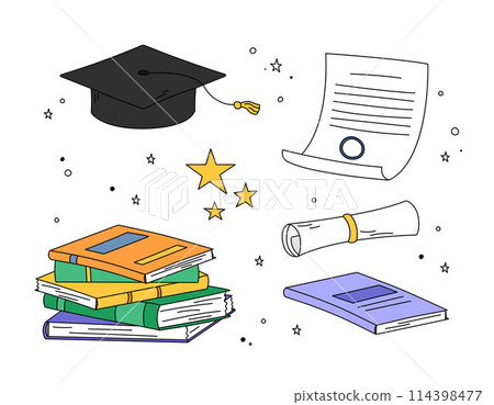 Graduation doodle elements vector set. Illustrations of isolated square academic cap, mortarboard, diploma, books pile and stars. Colorful outline symbols of high school, college, academy graduation 114398477