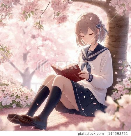 櫻花樹下讀書的女高中生 114398731