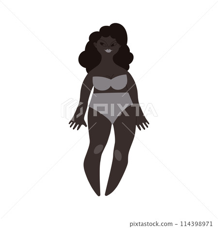 Flat African woman in underwear. Black skin person with black hair in cartoon style for multinational and diversity designs. Vector illustration. 114398971
