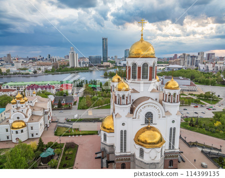 Summer Yekaterinburg and Temple on Blood in beautiful clear sunset.. Aerial view of Yekaterinburg, Russia. Translation of the text on the temple 114399135