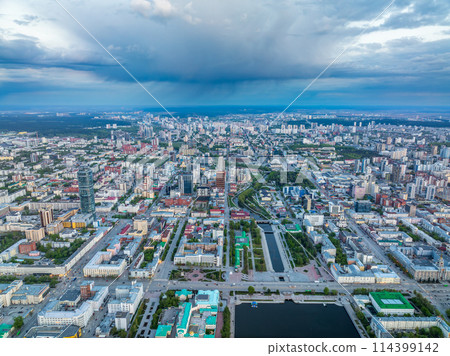 Embankment of the central pond and Plotinka. The historic center of the city of Yekaterinburg, Russia, Aerial View Embankment of the central pond and Plotinka. The historic center of the city of Yekaterinburg, Russia, Aerial View 114399142