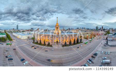 Yekaterinburg City Administration or City Hall and Central square at summer evening. Evening city in the summer sunset, Aerial View. Yekaterinburg City Administration or City Hall and Central square at summer evening. Evening city in the summer sunset, Aerial View. 114399149