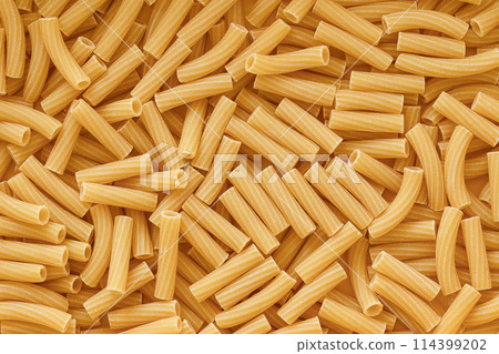 Chaotic Pile of Uncooked Rigatoni Pasta Background. Italian Pasta Tortiglioni Chaotic Pile of Uncooked Rigatoni Pasta Background. Italian Pasta Tortiglioni 114399202