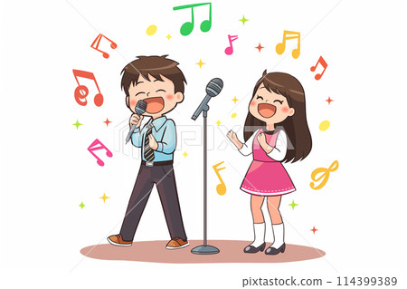 一個男人和一個女人在卡拉 OK 唱歌的插圖 114399389