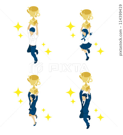 Set of people holding a trophy - Office workers and students - Isometric 114399419