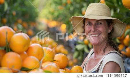 Smiling Woman Picking Oranges in Orchard 114399517