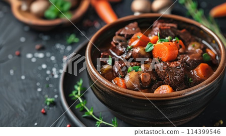 Beef and vegetable stew in a dark bowl. Close-up food photography. 114399546