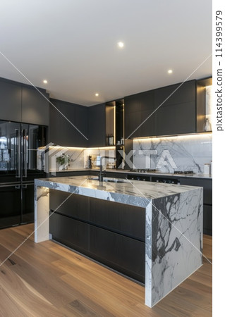 Sleek modern kitchen with black marble countertops and dark cabinetry. 114399579