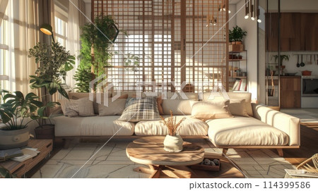 Modern living room with beige sofa, wooden coffee table, and multiple indoor plants. Modern living room with beige sofa, wooden coffee table, and multiple indoor plants. 114399586