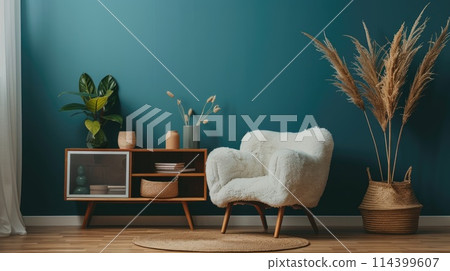 Modern living room with a deep teal wall, adorned with a cozy white armchair 114399607