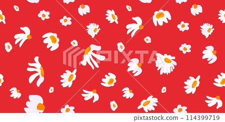 Seamless pattern wild wildflowers daisy dragonfly Garden flower postcard poster banner Spring summer fabric clothing Suitable packaging wallpaper Template textile Vector cover 114399719