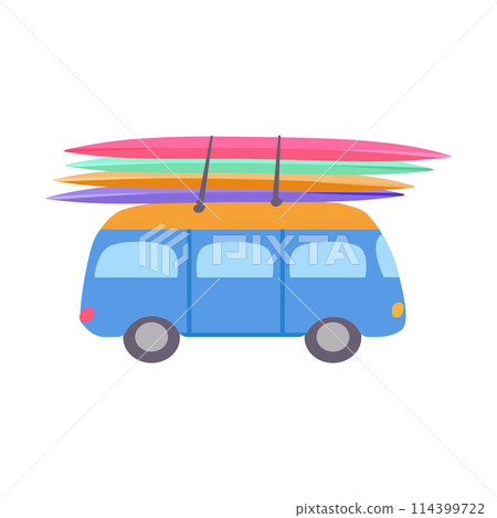 Isolated cute retro Blue bus 4 Multicolored surfboards Vacation trip Flat vector print summer poster poster clothing paper 114399722