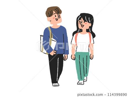 Illustration of two students walking side by side, comical hand-drawn person, vector, color line drawing 114399890