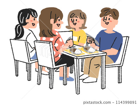 學生在學校食堂吃飯的插圖。滑稽的手繪人物。向量，彩色線條畫。 114399891