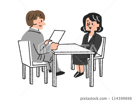 Illustration of a woman undergoing an interview, comical hand-drawn person, vector, color line drawing 114399898