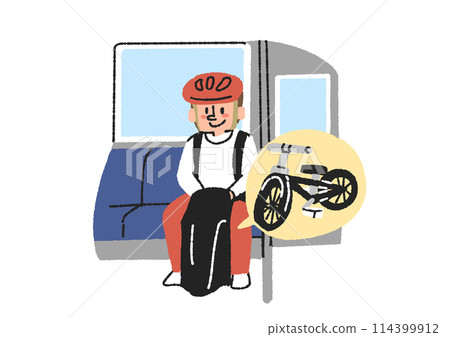 A man riding a folding bicycle on a train. People who enjoy cycling as a hobby. 114399912