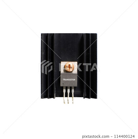Transistor on heatsink of electronic amplifier on white background , Electronics parts concept Transistor on heatsink of electronic amplifier on white background , Electronics parts concept 114400124