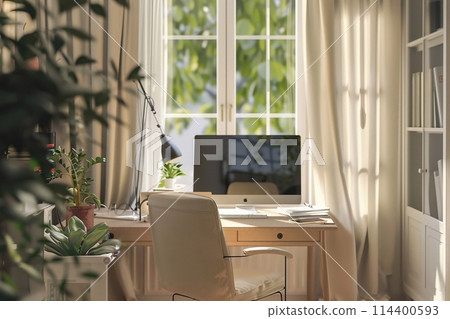 Cozy living room with home office corner. 114400593