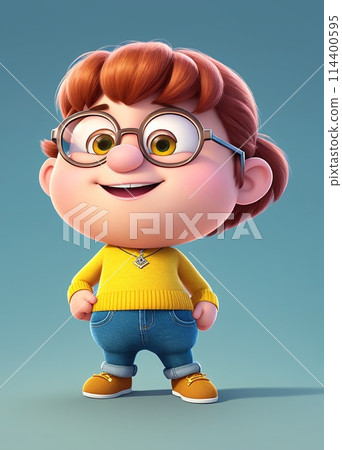 A cartoon character wearing glasses and a yellow sweater, standing with her hands on her hips and a smile on her face. 114400595