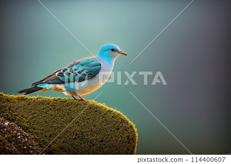 A blue and white bird perched on a rock in the middle of a green field. 114400607